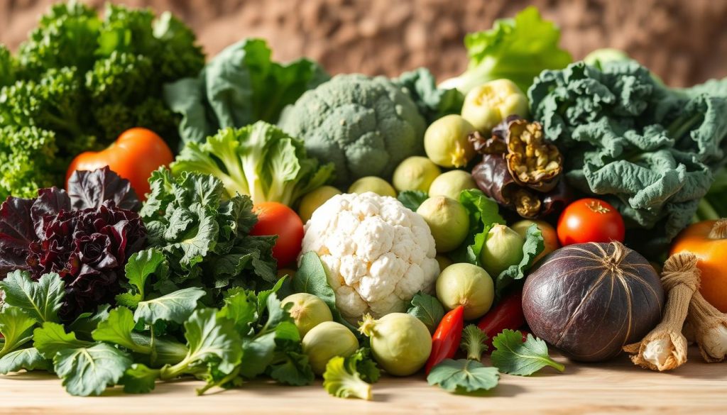 A bountiful arrangement of fresh, low-carb vegetables set against a bright, natural backdrop. In the foreground, an assortment of leafy greens such as kale, spinach, and chard, their vibrant colors and textures accentuated by soft, directional lighting. In the middle ground, a variety of cruciferous vegetables like broccoli, cauliflower, and Brussels sprouts, their shapes and forms creating a visually appealing composition. In the background, a subtle blur of earthy tones, hinting at the rich soil from which these nourishing plants have been harvested. The scene exudes a sense of health, vitality, and the abundance of nature's micronutrient-dense bounty. A bountiful arrangement of fresh, low-carb vegetables set against a bright, natural backdrop. In the foreground, an assortment of leafy greens such as kale, spinach, and chard, their vibrant colors and textures accentuated by soft, directional lighting. In the middle ground, a variety of cruciferous vegetables like broccoli, cauliflower, and Brussels sprouts, their shapes and forms creating a visually appealing composition. In the background, a subtle blur of earthy tones, hinting at the rich soil from which these nourishing plants have been harvested. The scene exudes a sense of health, vitality, and the abundance of nature's micronutrient-dense bounty.