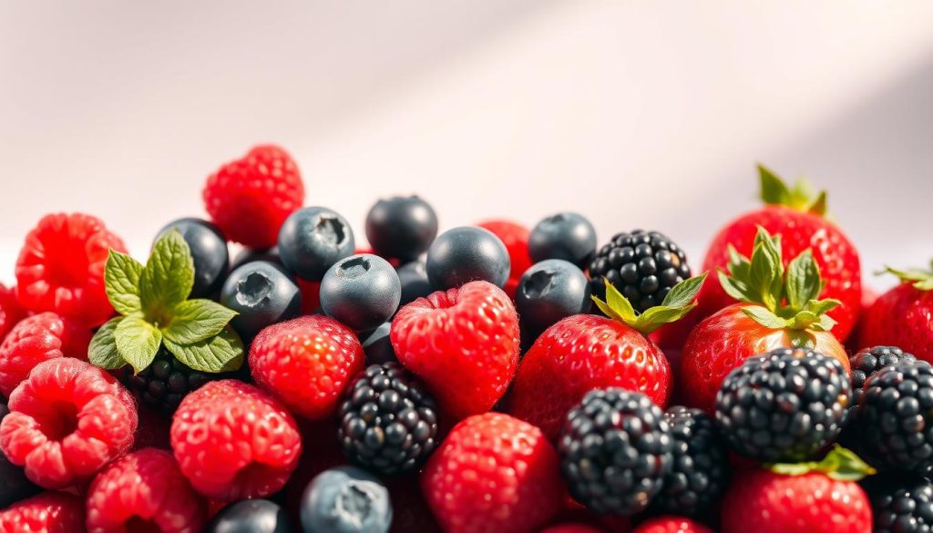 A bountiful arrangement of plump, juicy keto-friendly berries - vibrant raspberries, blueberries, blackberries, and strawberries - artfully arranged against a clean, minimalist background. The berries are lit by warm, natural light, casting soft shadows and highlighting their glossy, succulent textures. The composition showcases the diverse colors, shapes, and sizes of these nutrient-dense superfoods, inviting the viewer to savor their sweet-tart flavors and appreciate their keto-friendly benefits. The overall mood is one of freshness, health, and abundance, perfectly complementing the article's focus on the vital role of berries in a successful keto diet. A bountiful arrangement of plump, juicy keto-friendly berries - vibrant raspberries, blueberries, blackberries, and strawberries - artfully arranged against a clean, minimalist background. The berries are lit by warm, natural light, casting soft shadows and highlighting their glossy, succulent textures. The composition showcases the diverse colors, shapes, and sizes of these nutrient-dense superfoods, inviting the viewer to savor their sweet-tart flavors and appreciate their keto-friendly benefits. The overall mood is one of freshness, health, and abundance, perfectly complementing the article's focus on the vital role of berries in a successful keto diet.
