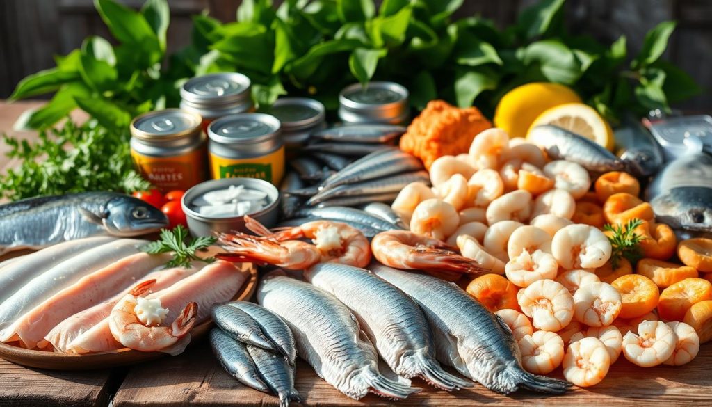 A bountiful seafood spread on a rustic wooden table, showcasing an array of keto-friendly options. In the foreground, a variety of fresh fish fillets, plump shrimp, and tender scallops gleam under soft, natural lighting. In the middle ground, a selection of canned and smoked fish, such as sardines and mackerel, complement the fresh catch. The background features lush, green leafy greens, adding a touch of vibrance to the scene. The composition exudes an atmosphere of coastal tranquility, highlighting the health benefits and versatility of these omega-3-rich seafood choices. A bountiful seafood spread on a rustic wooden table, showcasing an array of keto-friendly options. In the foreground, a variety of fresh fish fillets, plump shrimp, and tender scallops gleam under soft, natural lighting. In the middle ground, a selection of canned and smoked fish, such as sardines and mackerel, complement the fresh catch. The background features lush, green leafy greens, adding a touch of vibrance to the scene. The composition exudes an atmosphere of coastal tranquility, highlighting the health benefits and versatility of these omega-3-rich seafood choices.
