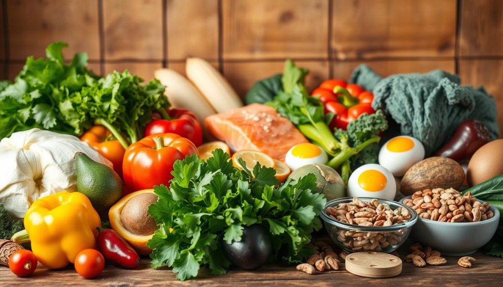 A bountiful still life showcasing the best keto-friendly foods for weight loss. In the foreground, a selection of fresh, vibrant vegetables such as leafy greens, avocados, and bell peppers. In the middle ground, an assortment of high-fat, protein-rich foods like salmon, eggs, and nuts. The background features a rustic wooden table, bathed in warm, natural lighting that enhances the colors and textures of the ingredients. The overall composition conveys a sense of abundance, health, and the delicious possibilities of a well-planned keto diet for effective weight loss. A bountiful still life showcasing the best keto-friendly foods for weight loss. In the foreground, a selection of fresh, vibrant vegetables such as leafy greens, avocados, and bell peppers. In the middle ground, an assortment of high-fat, protein-rich foods like salmon, eggs, and nuts. The background features a rustic wooden table, bathed in warm, natural lighting that enhances the colors and textures of the ingredients. The overall composition conveys a sense of abundance, health, and the delicious possibilities of a well-planned keto diet for effective weight loss.