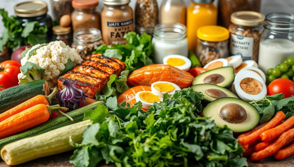 A colorful and visually appealing still life scene showcasing an array of keto-friendly foods. In the foreground, an assortment of fresh vegetables such as zucchini, cauliflower, and leafy greens are neatly arranged. In the middle ground, various protein sources like grilled salmon, hard-boiled eggs, and sliced avocado are prominently displayed. The background features jars of healthy fats and seasonings, creating a cohesive and balanced keto-friendly composition. The lighting is soft and natural, highlighting the vibrant colors and textures of the ingredients. The overall mood is one of health, wellness, and culinary inspiration, capturing the essence of an optimal keto food plan. A colorful and visually appealing still life scene showcasing an array of keto-friendly foods. In the foreground, an assortment of fresh vegetables such as zucchini, cauliflower, and leafy greens are neatly arranged. In the middle ground, various protein sources like grilled salmon, hard-boiled eggs, and sliced avocado are prominently displayed. The background features jars of healthy fats and seasonings, creating a cohesive and balanced keto-friendly composition. The lighting is soft and natural, highlighting the vibrant colors and textures of the ingredients. The overall mood is one of health, wellness, and culinary inspiration, capturing the essence of an optimal keto food plan.
