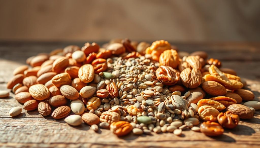 A delectable arrangement of keto-friendly nuts and seeds on a rustic wooden surface, bathed in warm, natural sunlight. In the foreground, a selection of almonds, walnuts, pecans, and pumpkin seeds, their textures and colors contrasting beautifully. In the middle ground, a scattering of chia, flax, and sunflower seeds, adding visual interest and nutritional density. The background features a neutral, earthy backdrop, allowing the vibrant hues of the nuts and seeds to take center stage. The lighting is soft and diffused, creating a cozy, inviting atmosphere that evokes a sense of wholesome, sustained energy. A delectable arrangement of keto-friendly nuts and seeds on a rustic wooden surface, bathed in warm, natural sunlight. In the foreground, a selection of almonds, walnuts, pecans, and pumpkin seeds, their textures and colors contrasting beautifully. In the middle ground, a scattering of chia, flax, and sunflower seeds, adding visual interest and nutritional density. The background features a neutral, earthy backdrop, allowing the vibrant hues of the nuts and seeds to take center stage. The lighting is soft and diffused, creating a cozy, inviting atmosphere that evokes a sense of wholesome, sustained energy.