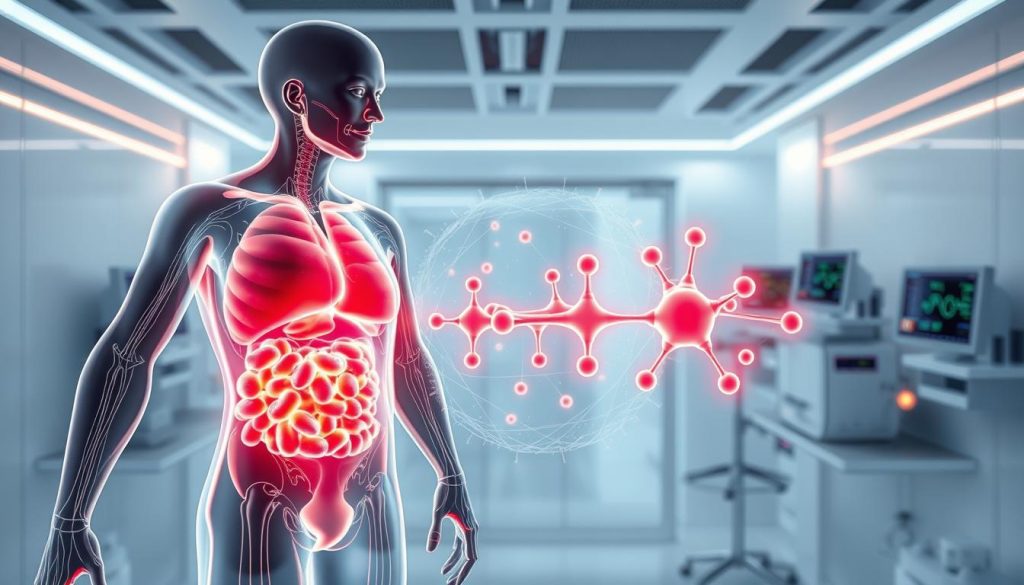 A high-resolution, photorealistic illustration showcasing the science behind ketogenic weight loss without exercise. In the foreground, an anatomical cross-section of the human body reveals the intricate metabolic processes of ketosis, with fat cells being broken down and converted into energy-rich ketone bodies. The middle ground depicts a molecular model of the ketogenic pathway, surrounded by glowing, neon-like visualizations of the chemical reactions involved. In the background, a sleek, minimalist laboratory setting provides a clean, clinical backdrop, with diagnostic equipment and monitors displaying the biological data supporting the ketogenic mechanism for weight loss. The overall lighting is soft and diffused, creating a sense of scientific elegance and visual clarity. A high-resolution, photorealistic illustration showcasing the science behind ketogenic weight loss without exercise. In the foreground, an anatomical cross-section of the human body reveals the intricate metabolic processes of ketosis, with fat cells being broken down and converted into energy-rich ketone bodies. The middle ground depicts a molecular model of the ketogenic pathway, surrounded by glowing, neon-like visualizations of the chemical reactions involved. In the background, a sleek, minimalist laboratory setting provides a clean, clinical backdrop, with diagnostic equipment and monitors displaying the biological data supporting the ketogenic mechanism for weight loss. The overall lighting is soft and diffused, creating a sense of scientific elegance and visual clarity.