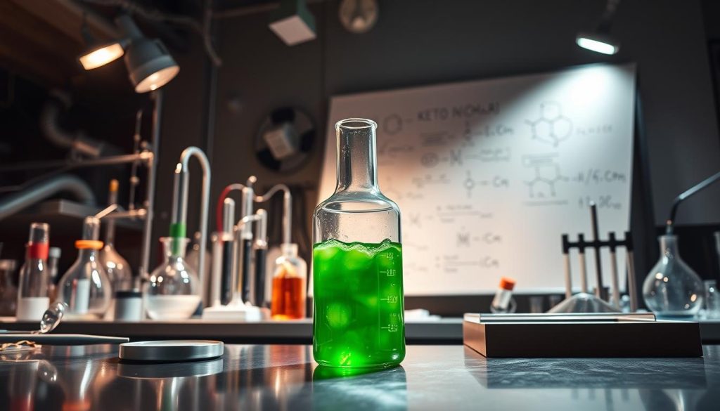 A laboratory scene with a scientific apparatus and experimental elements. In the foreground, a glass beaker filled with a bubbling, vibrant green liquid sits on a gleaming metal workbench. Surrounding it, various scientific instruments and tools, such as pipettes, Bunsen burners, and petri dishes, creating a sense of scientific inquiry. In the middle ground, a whiteboard with complex molecular diagrams and mathematical equations, illustrating the intricate scientific principles behind the ketogenic diet. The background is dimly lit, casting dramatic shadows and highlighting the focused, intense atmosphere of the laboratory. Bright, directional lighting illuminates the central experimental setup, creating a sense of scientific discovery and the pursuit of knowledge. A laboratory scene with a scientific apparatus and experimental elements. In the foreground, a glass beaker filled with a bubbling, vibrant green liquid sits on a gleaming metal workbench. Surrounding it, various scientific instruments and tools, such as pipettes, Bunsen burners, and petri dishes, creating a sense of scientific inquiry. In the middle ground, a whiteboard with complex molecular diagrams and mathematical equations, illustrating the intricate scientific principles behind the ketogenic diet. The background is dimly lit, casting dramatic shadows and highlighting the focused, intense atmosphere of the laboratory. Bright, directional lighting illuminates the central experimental setup, creating a sense of scientific discovery and the pursuit of knowledge.