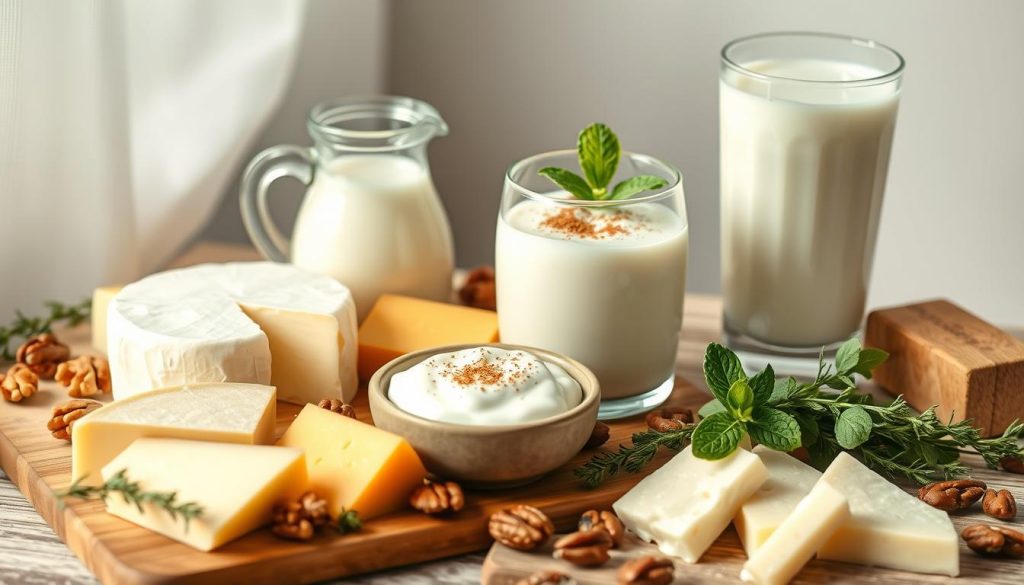 A neatly arranged still life of various keto-friendly dairy products, bathed in soft, natural light. In the foreground, a selection of creamy cheeses - brie, cheddar, and gouda - artfully displayed on a wooden board. Surrounding them, a scatter of walnuts, pecans, and fresh thyme sprigs. In the middle ground, a glass pitcher overflows with rich, full-fat cream, and a small ceramic bowl holds a generous dollop of thick, tangy Greek yogurt. In the background, a glass of fresh, frothy keto-friendly milk takes center stage, complemented by a sprinkle of nutmeg and a sprig of mint. The overall mood is one of purity, simplicity, and the wholesome indulgence of keto-approved dairy. A neatly arranged still life of various keto-friendly dairy products, bathed in soft, natural light. In the foreground, a selection of creamy cheeses - brie, cheddar, and gouda - artfully displayed on a wooden board. Surrounding them, a scatter of walnuts, pecans, and fresh thyme sprigs. In the middle ground, a glass pitcher overflows with rich, full-fat cream, and a small ceramic bowl holds a generous dollop of thick, tangy Greek yogurt. In the background, a glass of fresh, frothy keto-friendly milk takes center stage, complemented by a sprinkle of nutmeg and a sprig of mint. The overall mood is one of purity, simplicity, and the wholesome indulgence of keto-approved dairy.
