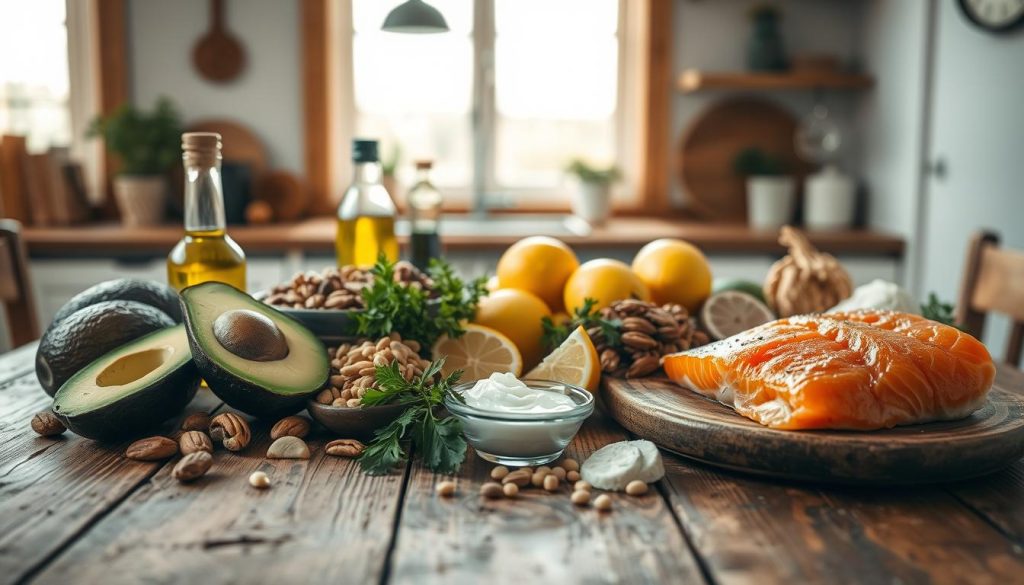 A still life arrangement of a variety of keto-friendly healthy fats on a rustic wooden table, illuminated by warm, natural lighting from a large window. The foreground features close-up shots of avocado, olive oil, nuts, seeds, and fatty fish like salmon, all arranged in an appetizing and visually appealing manner. The middle ground includes a handful of fresh herbs, lemon wedges, and a small bowl of coconut oil. The background is slightly blurred but suggests a cozy, minimalist kitchen setting. The overall mood is one of wholesome, nourishing abundance, conveying the essential role of healthy fats in a ketogenic diet. A still life arrangement of a variety of keto-friendly healthy fats on a rustic wooden table, illuminated by warm, natural lighting from a large window. The foreground features close-up shots of avocado, olive oil, nuts, seeds, and fatty fish like salmon, all arranged in an appetizing and visually appealing manner. The middle ground includes a handful of fresh herbs, lemon wedges, and a small bowl of coconut oil. The background is slightly blurred but suggests a cozy, minimalist kitchen setting. The overall mood is one of wholesome, nourishing abundance, conveying the essential role of healthy fats in a ketogenic diet.