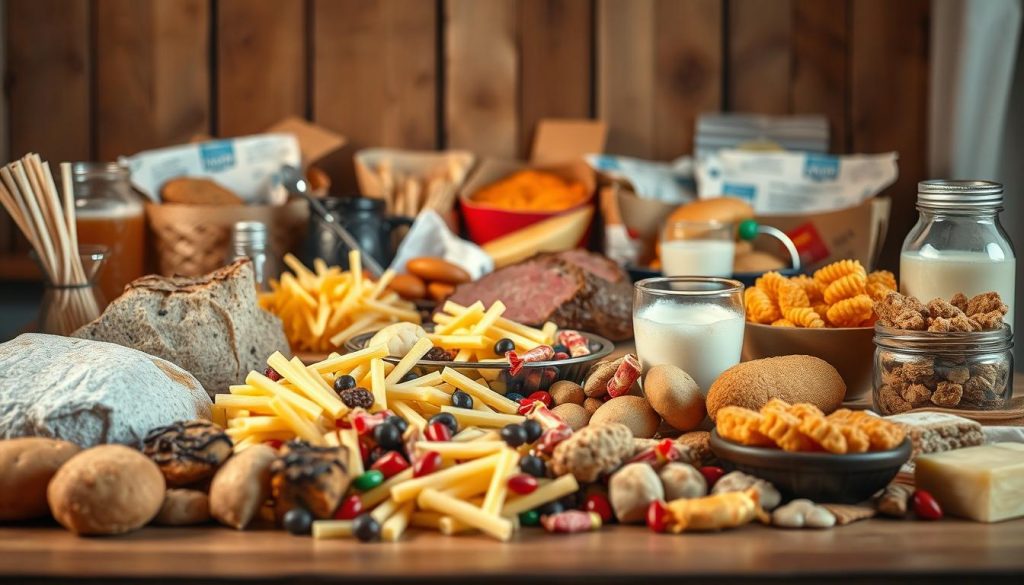 A still life scene showcasing a variety of high-calorie, low-nutrient foods to avoid on a keto diet. In the foreground, place an assortment of starchy carbohydrates such as bread, pasta, and potatoes. In the middle ground, include sugary treats like candy, cookies, and cakes. In the background, feature processed meats, dairy products, and fried foods. Use warm, soft lighting to create a cozy, indulgent atmosphere, shot from a low angle with a shallow depth of field to emphasize the tempting yet unhealthy nature of these keto-unfriendly items. A still life scene showcasing a variety of high-calorie, low-nutrient foods to avoid on a keto diet. In the foreground, place an assortment of starchy carbohydrates such as bread, pasta, and potatoes. In the middle ground, include sugary treats like candy, cookies, and cakes. In the background, feature processed meats, dairy products, and fried foods. Use warm, soft lighting to create a cozy, indulgent atmosphere, shot from a low angle with a shallow depth of field to emphasize the tempting yet unhealthy nature of these keto-unfriendly items.