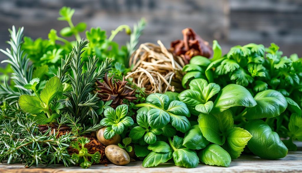 A vibrant assortment of keto-friendly herbs, each with its unique flavor and health benefits, arranged in a visually captivating still life. In the foreground, a variety of fresh herbs such as rosemary, thyme, oregano, and basil, their leaves glistening with a subtle sheen under natural lighting. In the middle ground, some dried herbs like sage, parsley, and cilantro, their earthy tones complementing the fresher greens. The background features a rustic wooden surface, lending a warm, organic feel to the composition. The overall scene exudes a sense of culinary creativity and the promise of enhanced metabolism, perfectly capturing the essence of the "Herbs and Spices That Enhance Metabolism" section. A vibrant assortment of keto-friendly herbs, each with its unique flavor and health benefits, arranged in a visually captivating still life. In the foreground, a variety of fresh herbs such as rosemary, thyme, oregano, and basil, their leaves glistening with a subtle sheen under natural lighting. In the middle ground, some dried herbs like sage, parsley, and cilantro, their earthy tones complementing the fresher greens. The background features a rustic wooden surface, lending a warm, organic feel to the composition. The overall scene exudes a sense of culinary creativity and the promise of enhanced metabolism, perfectly capturing the essence of the "Herbs and Spices That Enhance Metabolism" section.