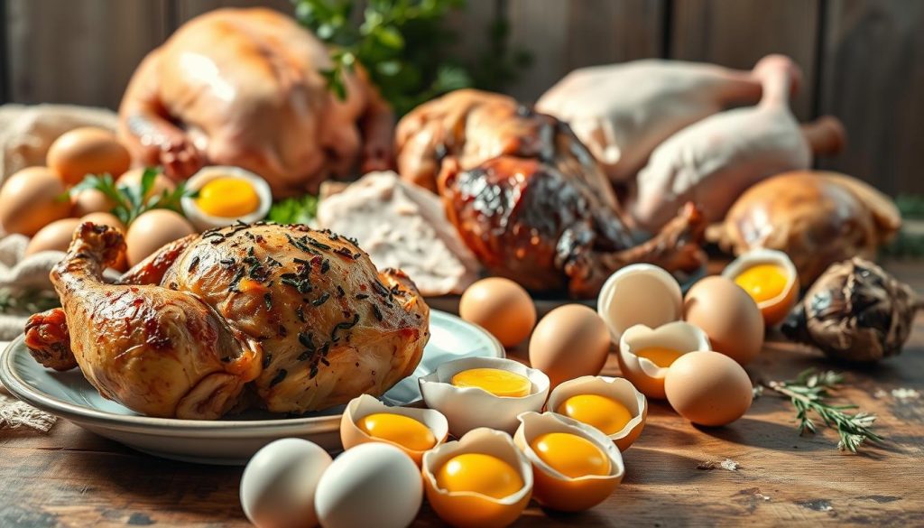 A vibrant still life showcasing an array of keto-friendly poultry and eggs, illuminated by soft, natural light. In the foreground, a plate holding a succulent roasted chicken thigh, seasoned with aromatic herbs and spices. Surrounding it, a cluster of fresh, farm-fresh eggs in varied hues, some cracked open to reveal their golden yolks. In the middle ground, a variety of poultry cuts - lean turkey breast, savory duck leg, and juicy quail - arranged with care. The background features a rustic wooden table, with a woven cloth and a scattering of greenery, creating a cozy, earthy atmosphere. The overall composition exudes a sense of wholesome, nourishing abundance, perfectly capturing the "Poultry and Eggs: Complete Protein Packages" theme. A vibrant still life showcasing an array of keto-friendly poultry and eggs, illuminated by soft, natural light. In the foreground, a plate holding a succulent roasted chicken thigh, seasoned with aromatic herbs and spices. Surrounding it, a cluster of fresh, farm-fresh eggs in varied hues, some cracked open to reveal their golden yolks. In the middle ground, a variety of poultry cuts - lean turkey breast, savory duck leg, and juicy quail - arranged with care. The background features a rustic wooden table, with a woven cloth and a scattering of greenery, creating a cozy, earthy atmosphere. The overall composition exudes a sense of wholesome, nourishing abundance, perfectly capturing the "Poultry and Eggs: Complete Protein Packages" theme.
