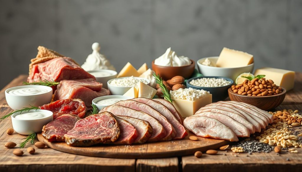 A well-lit studio scene showcasing an assortment of premium keto protein sources. In the foreground, a selection of high-quality meats, including tender grass-fed steak, juicy chicken breasts, and savory pork chops, arranged artfully on a rustic wooden surface. In the middle ground, various dairy products like creamy full-fat yogurt, rich cheeses, and smooth cottage cheese. In the background, a variety of nuts and seeds, such as almonds, walnuts, and chia seeds, scattered across the table. Soft, directional lighting highlights the textures and natural colors of the ingredients, creating a warm, inviting atmosphere that emphasizes the nutritional value and versatility of these keto-friendly protein powerhouses. A well-lit studio scene showcasing an assortment of premium keto protein sources. In the foreground, a selection of high-quality meats, including tender grass-fed steak, juicy chicken breasts, and savory pork chops, arranged artfully on a rustic wooden surface. In the middle ground, various dairy products like creamy full-fat yogurt, rich cheeses, and smooth cottage cheese. In the background, a variety of nuts and seeds, such as almonds, walnuts, and chia seeds, scattered across the table. Soft, directional lighting highlights the textures and natural colors of the ingredients, creating a warm, inviting atmosphere that emphasizes the nutritional value and versatility of these keto-friendly protein powerhouses.