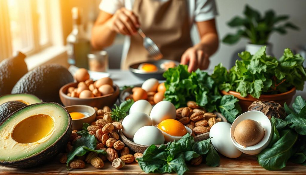 Detailed visual representation of the fundamental principles of the ketogenic diet. In the foreground, a vibrant selection of low-carb, high-fat keto-friendly foods including avocado, eggs, nuts, and leafy greens arranged in an aesthetically pleasing composition. In the middle ground, a person preparing a keto meal, showcasing the preparation process. In the background, a minimalist interpretation of the metabolic state of ketosis, with a soft gradient representing the transition from glucose to fat-based energy production. Warm, natural lighting illuminates the scene, creating a clean, inviting atmosphere. The overall image conveys the simplicity and practicality of the ketogenic lifestyle. Detailed visual representation of the fundamental principles of the ketogenic diet. In the foreground, a vibrant selection of low-carb, high-fat keto-friendly foods including avocado, eggs, nuts, and leafy greens arranged in an aesthetically pleasing composition. In the middle ground, a person preparing a keto meal, showcasing the preparation process. In the background, a minimalist interpretation of the metabolic state of ketosis, with a soft gradient representing the transition from glucose to fat-based energy production. Warm, natural lighting illuminates the scene, creating a clean, inviting atmosphere. The overall image conveys the simplicity and practicality of the ketogenic lifestyle.