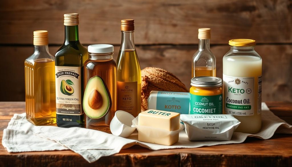 High-quality still life image of various keto-friendly cooking fats, including extra virgin olive oil, avocado oil, coconut oil, and grass-fed butter, arranged neatly on a rustic wooden table with a linen cloth. Warm, natural lighting casts soft shadows, highlighting the textures and colors of the oils and fats. The composition is balanced and visually appealing, with the jars and bottles placed thoughtfully to create a harmonious and appetizing scene. The overall mood is cozy, inviting, and reflects the nutrition and flavor benefits of using these healthy fats for keto cooking. High-quality still life image of various keto-friendly cooking fats, including extra virgin olive oil, avocado oil, coconut oil, and grass-fed butter, arranged neatly on a rustic wooden table with a linen cloth. Warm, natural lighting casts soft shadows, highlighting the textures and colors of the oils and fats. The composition is balanced and visually appealing, with the jars and bottles placed thoughtfully to create a harmonious and appetizing scene. The overall mood is cozy, inviting, and reflects the nutrition and flavor benefits of using these healthy fats for keto cooking.