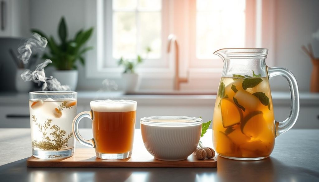 Keto-friendly beverages and broths in a naturally-lit, minimalist kitchen setting. A variety of options in various glassware and mugs - steaming herbal tea, frothy low-carb coffee, bone broth in a ceramic bowl, and infused water in a glass pitcher. Emphasis on clean, simple ingredients and hydration for the keto diet. Soft, warm lighting from windows highlighting the textures and colors of the drinks. Uncluttered countertop with a subtle plant or two for a fresh, health-conscious vibe. Crisp, appetizing presentation to showcase the keto-friendly nature of these hydrating beverages. Keto-friendly beverages and broths in a naturally-lit, minimalist kitchen setting. A variety of options in various glassware and mugs - steaming herbal tea, frothy low-carb coffee, bone broth in a ceramic bowl, and infused water in a glass pitcher. Emphasis on clean, simple ingredients and hydration for the keto diet. Soft, warm lighting from windows highlighting the textures and colors of the drinks. Uncluttered countertop with a subtle plant or two for a fresh, health-conscious vibe. Crisp, appetizing presentation to showcase the keto-friendly nature of these hydrating beverages.