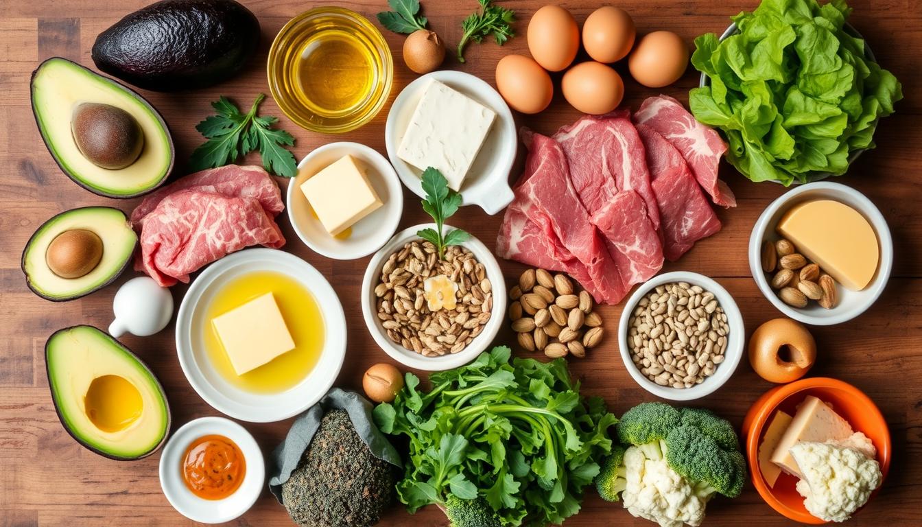 Assortment of keto-friendly foods including meats, healthy fats, low-carb vegetables, and nuts