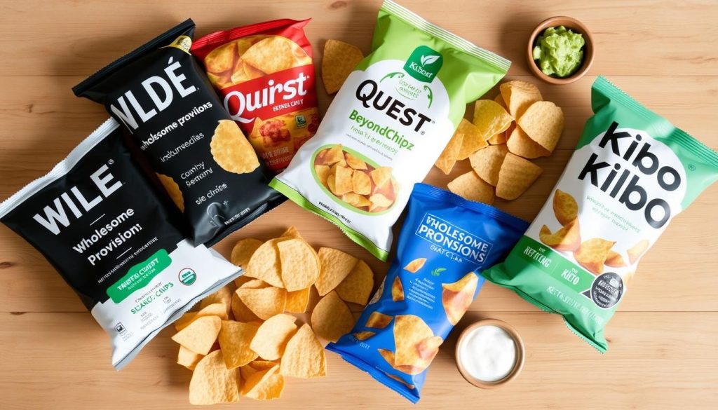 Assortment of top keto chips from our Amazon keto chips comparison arranged on a table Assortment of top keto chips from our Amazon keto chips comparison arranged on a table